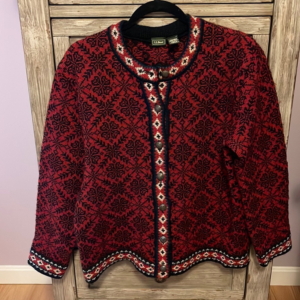 Classic/vintage LLBean wool cardigan sweater with silver/pewter buttons.
